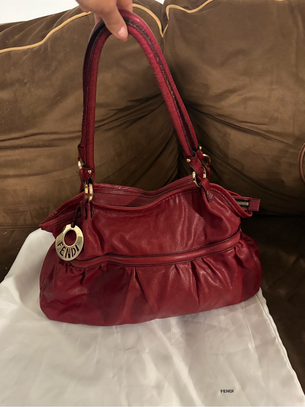 Fendi Wine Red Leather Shoulder Bag with Gold Charm
